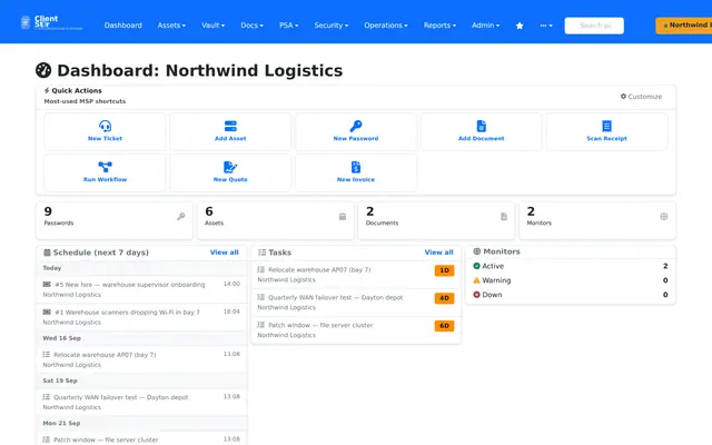 ClientSt0r client dashboard with quick actions, scheduled work, tickets, and monitors for a demo client