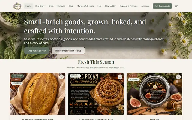 Earth Born Roots storefront homepage featuring small-batch sourdough, cinnamon rolls, and fig preserves