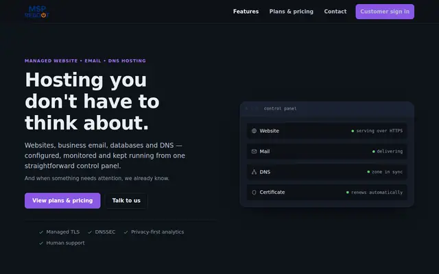 MSP Reboot Hosting homepage — managed website, email, and DNS hosting