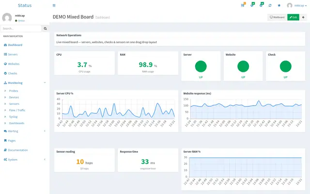 Monit monitoring dashboard showing CPU and RAM usage, server, website, and check status, and response-time charts on a demo board