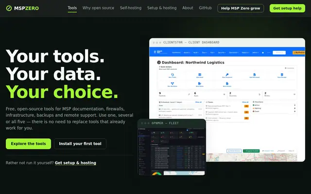 MSPZero homepage — free, open-source tools for MSP documentation, firewalls, infrastructure, backups, and remote support
