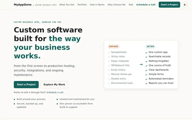 MyAppDone homepage — custom software built for the way your business works