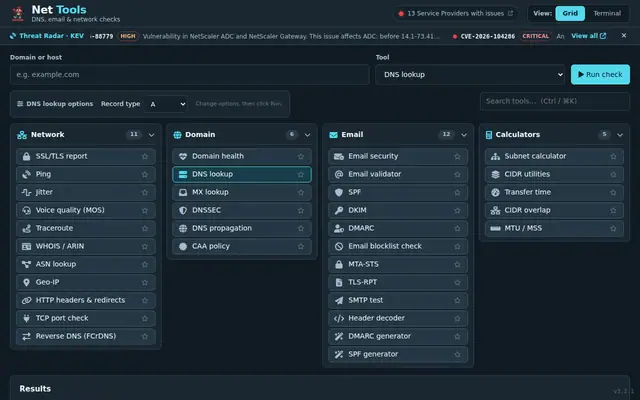 Net Tools web page for DNS, email, and network checks