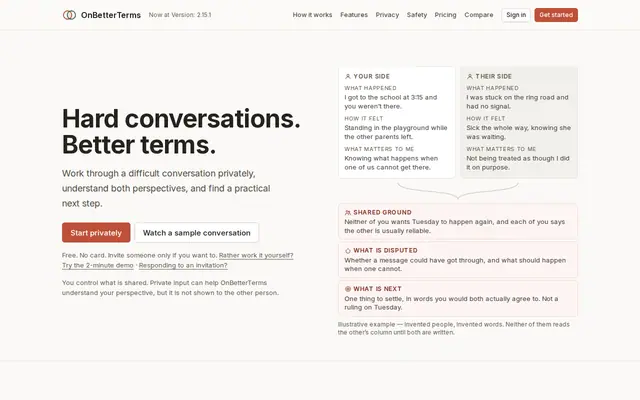 OnBetterTerms homepage showing an illustrative example of two perspectives, shared ground, and a suggested next step