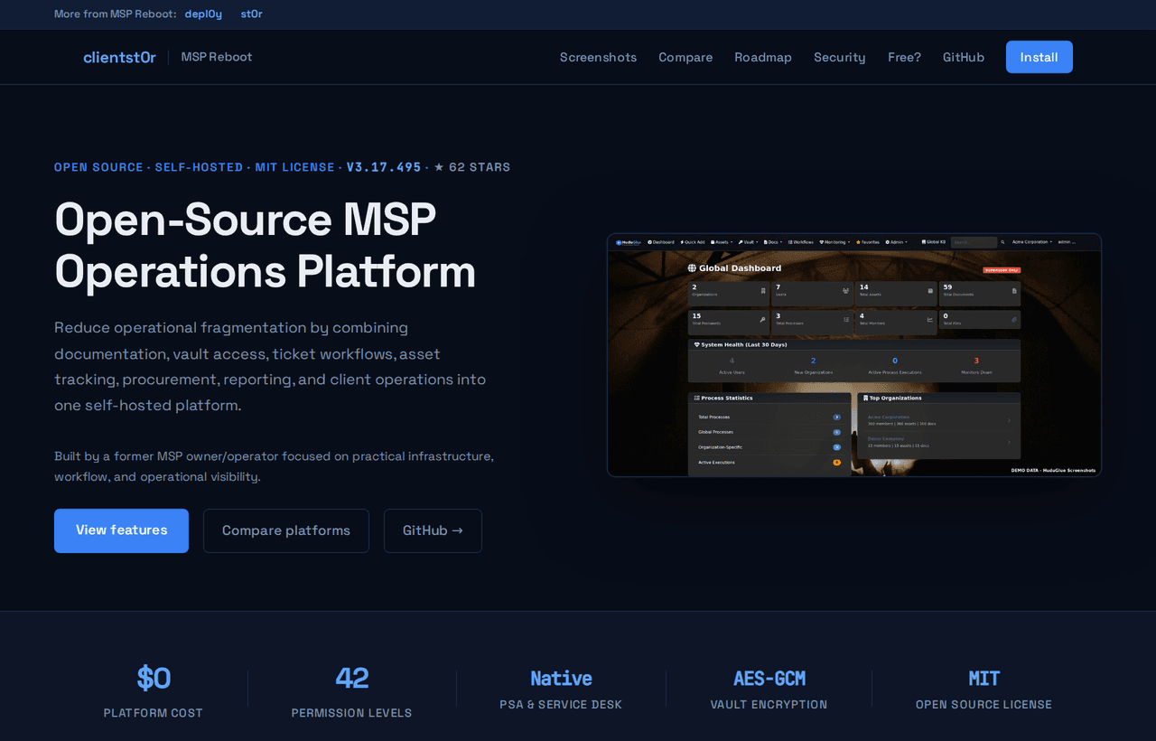 ClientSt0r open-source MSP operations platform landing page