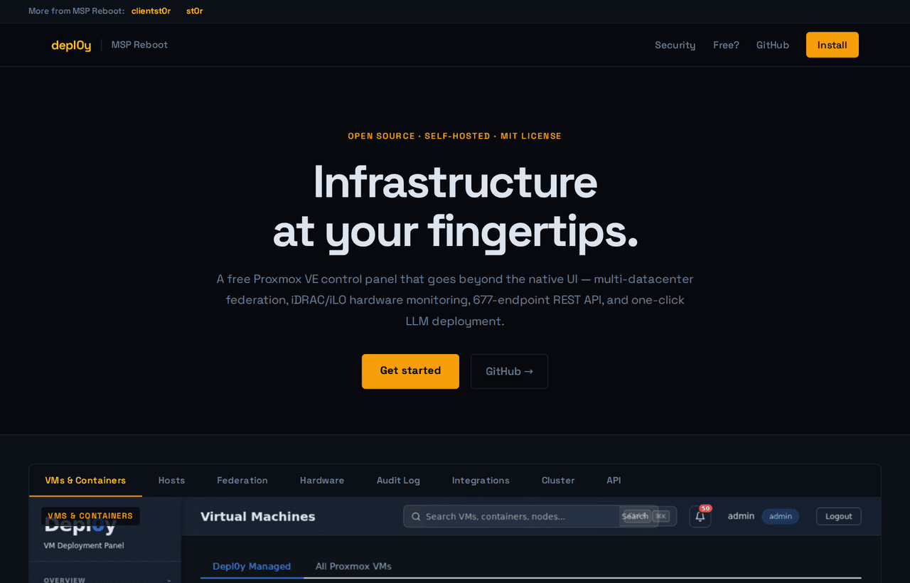 Depl0y Proxmox infrastructure control panel landing page