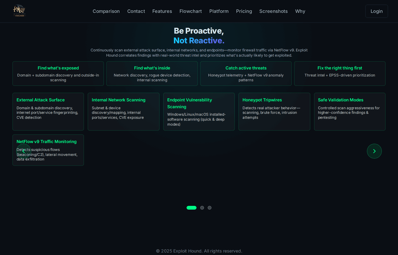 ExploitHound vulnerability and threat detection platform landing page