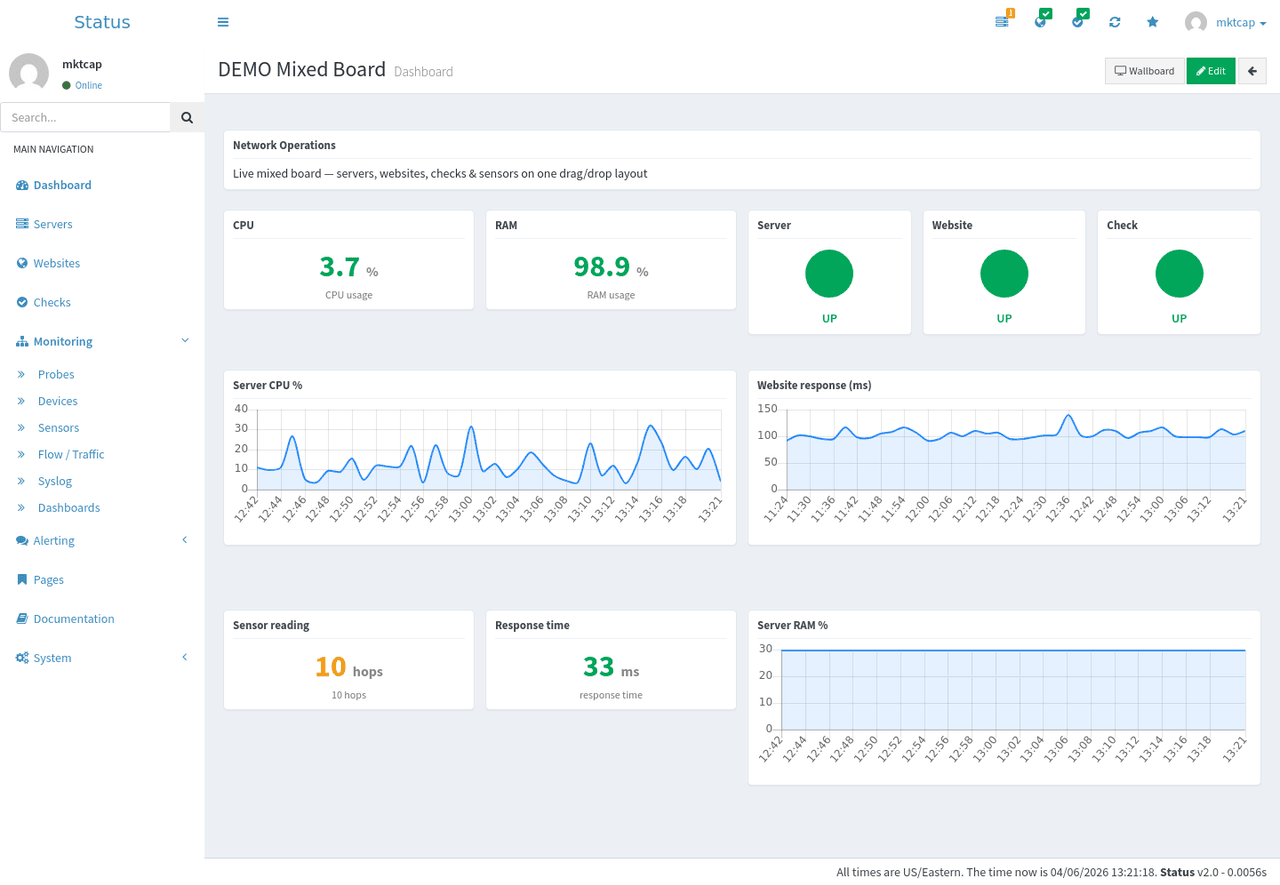 Monit monitoring dashboard showing CPU, RAM, server, website and check status with live charts