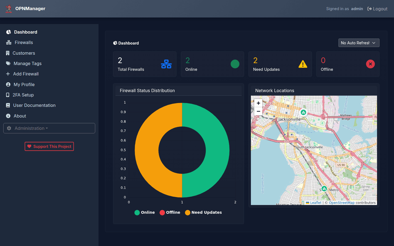 OPNMGR OPNsense Manager dashboard showing firewall status distribution and network locations
