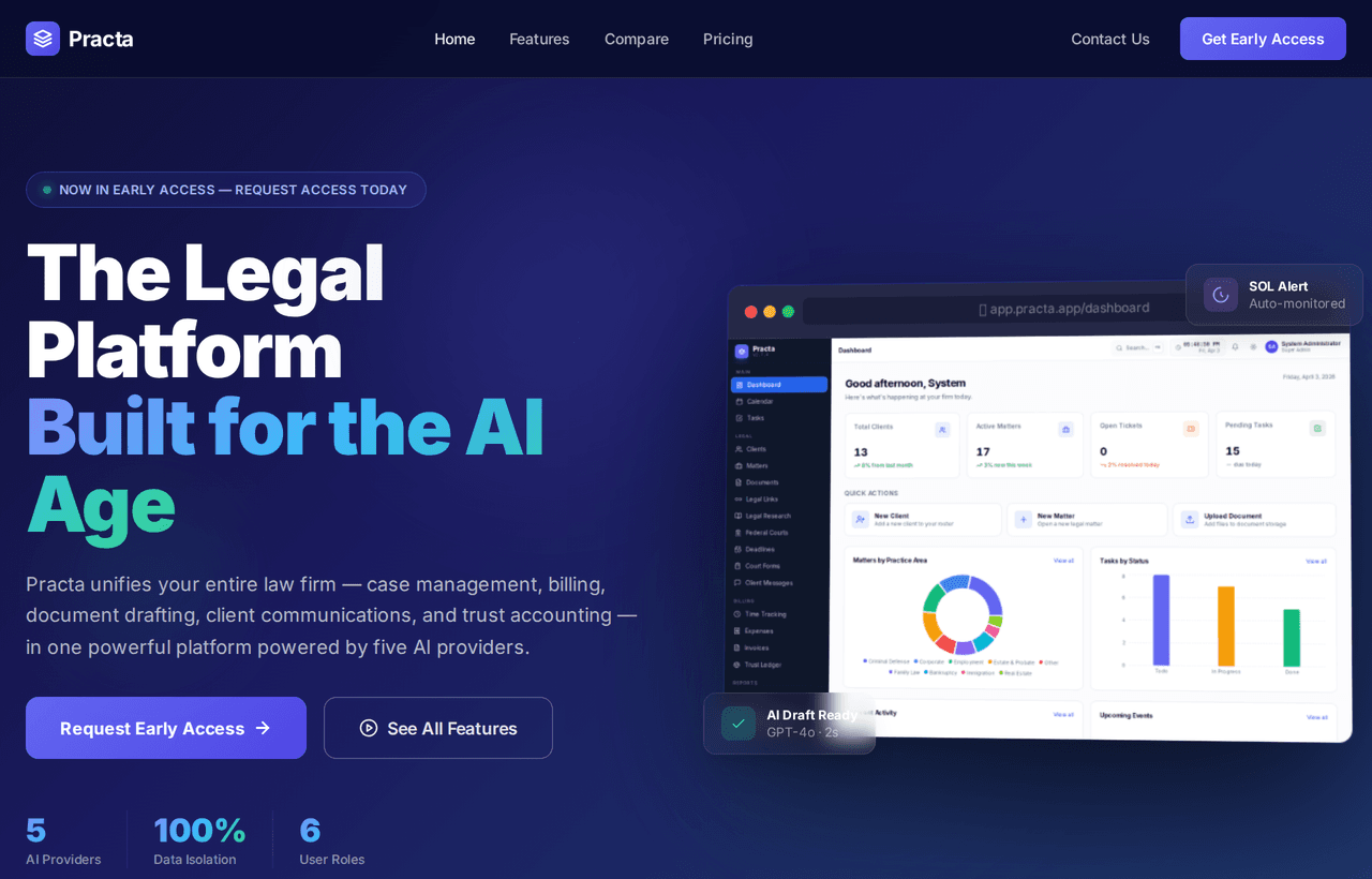 Practa legal practice management platform landing page