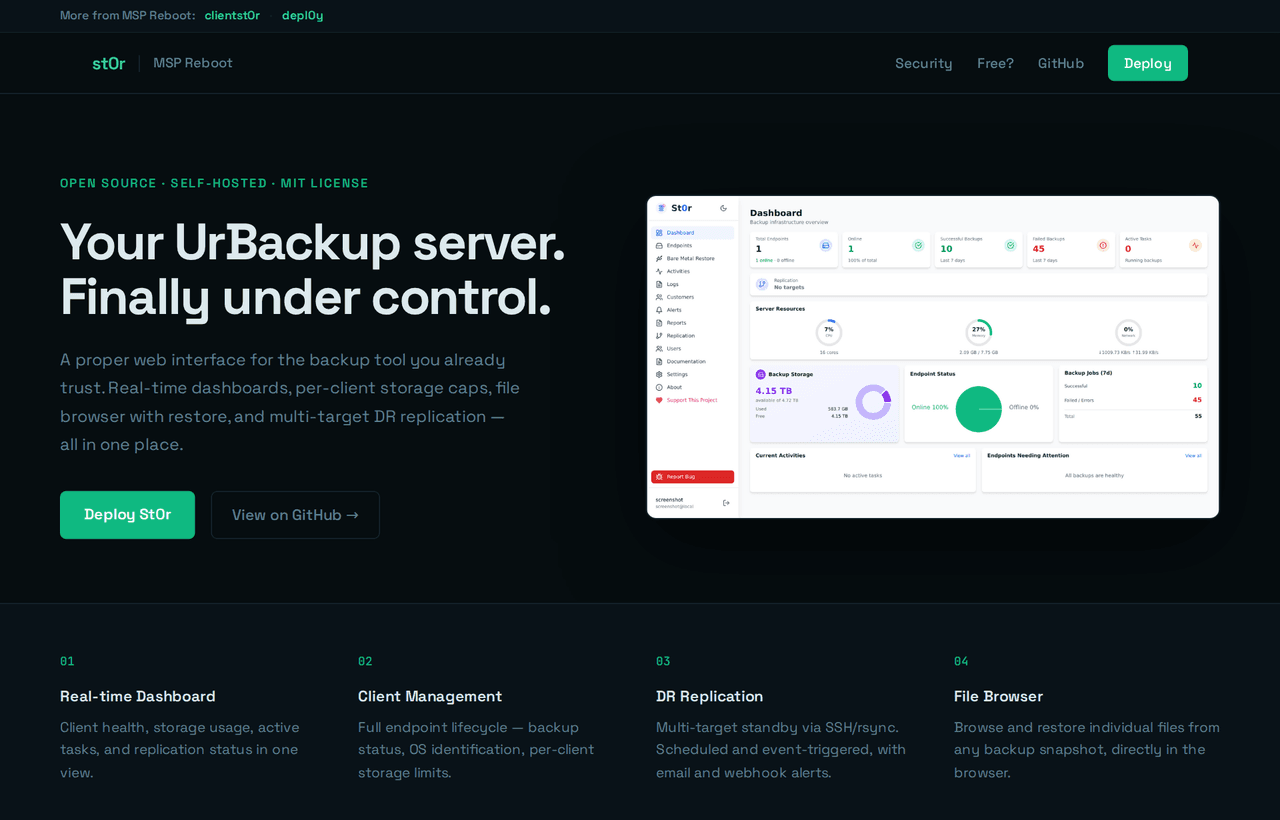 St0r web interface for UrBackup servers landing page